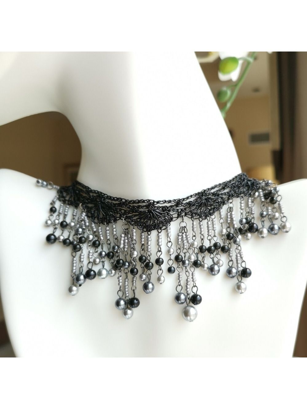 Handmade knit and bead fringe necklace in Grey Black tones